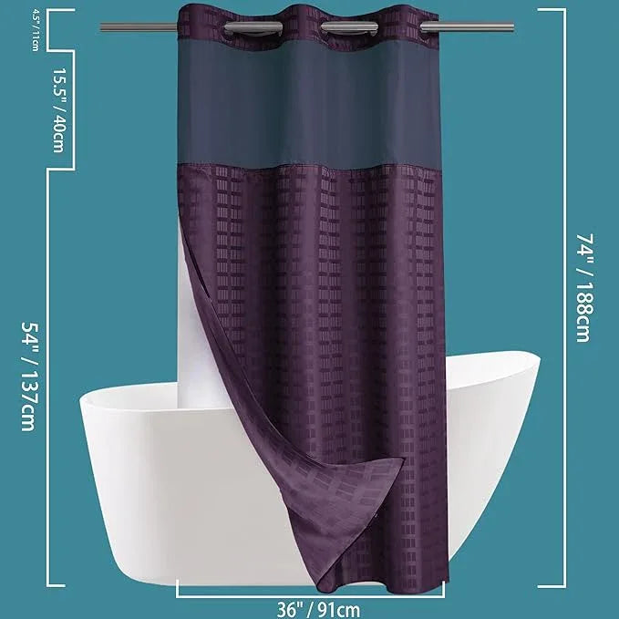 Conbo Mio Stall No Hook Shower Curtain with Snap in Liner Set, Hotel Luxury Purple Shower Curtains for Bathroom with See Through Top Window, Waterproof, Washable 36W x 74H - ModernBath