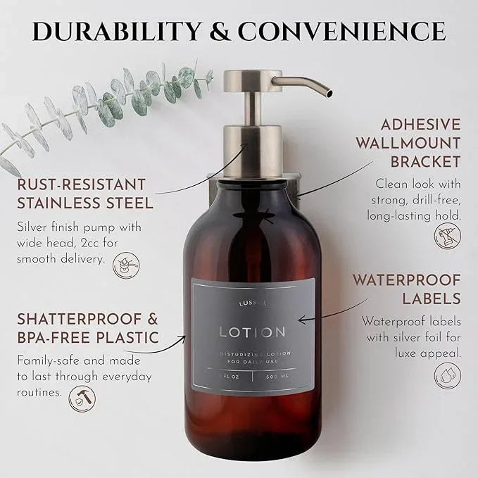 Shampoo & Conditioner Dispenser - Shower Soap Dispenser Wall Mounted - Set of 3 16.9 Oz Plastic Bottles with Pump & Holder - Shampoo Dispenser - Shower Dispenser Chamber No Drill (3 X Amber/Silver) - ModernBath