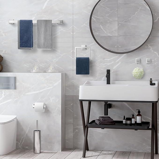 Bathroom Accessory Towel Bar Set: 5 Pieces Brushed Nickel Square Bathroom Hardware SUS304 Stainless Steel - 24 Inch Wall Mounted Towel Rack&Toilet Paper Holder&Towel Ring and Towel Hook - ModernBath