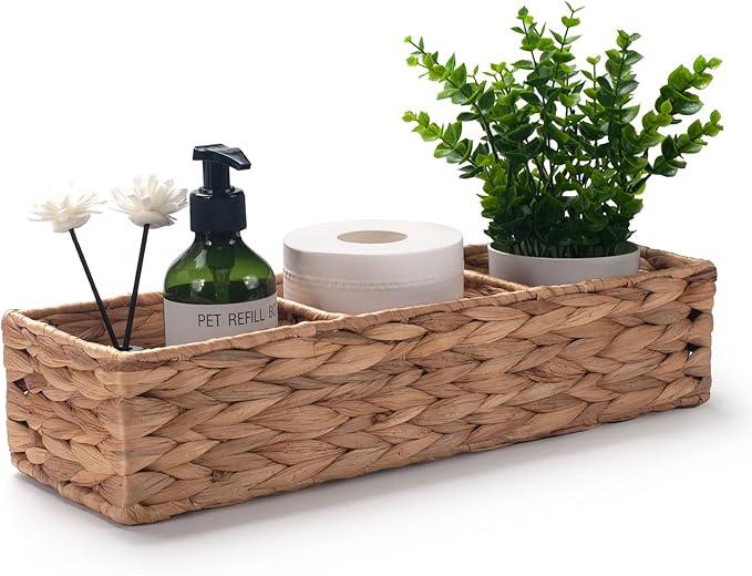Water Hyacinth Toilet Tank Basket for Toilet Paper Rolls Wicker Baskets for Shelves Tampon Storage for Bathroom 3 Dividers (Large Compartment 16.5inch x 5.5inch x 3.5inch) - ModernBath