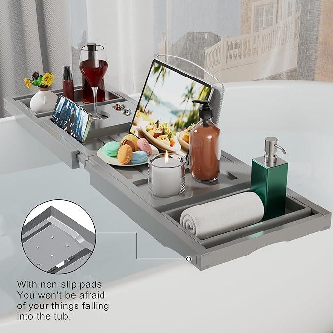 Bathtub Caddy Tray for Tub,Foldable Bath Table Trays,Bamboo Shelf with Book and Wine Glass Holder,Bathroom Accessories Suitable for Luxury Spa or Reading,Gray - ModernBath