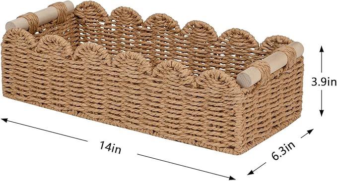 CubesLand Paper Rope Scalloped Edge Toilet Paper Storage Basket, Small Living Room, Bedroom Decor Baskets for Over Toilet Storage Shelf, End Table, Shelves and More, with 2 Wooden Handle, Neutral - ModernBath