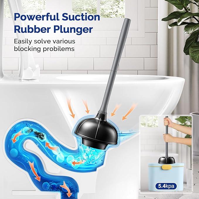 HAMITOR Toilet Plunger and Brush Set for Bathroom Cleaning with Extented Handle - Heavy Duty Toilet Plunger Combo Accessories with Caddy Stand Holder for Small Space - Gray - ModernBath