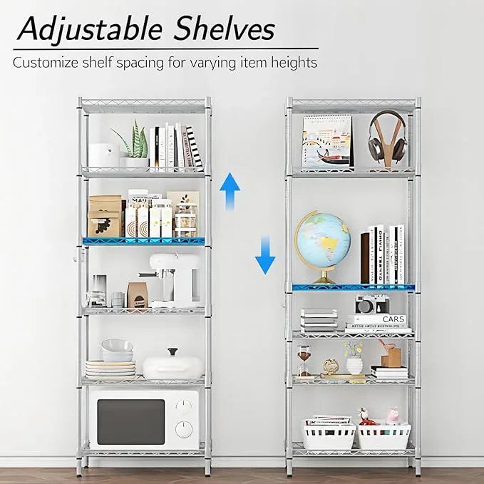 Homdox 6-Tier Storage Shelf Wire Shelving Unit Free Standing Rack Organization with Adjustable Leveling Feet, Stainless Side Hooks, Silver - ModernBath