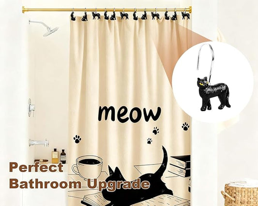 Ruvenis Black Cat Shower Curtain Hooks Set of 12, Hand-Painted Resin Cat Shower Hooks with Rust-Resistant Metal Rings, Decorative Bathroom Accessories