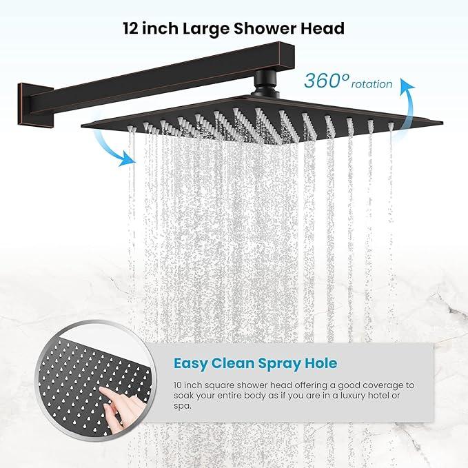 gotonovo Rainfall Bathroom Shower System Rain Shower Head and Handle Set Wall Mounted Shower Complete Combo Solid Brass Pressure Balancing Shower Mixer Valve 12 Inch Oil Rubbed Bronze - ModernBath