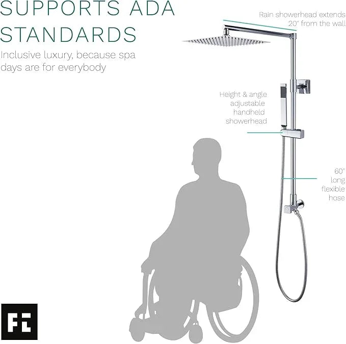 Fennocasa Polaris Lux Rain Shower System, includes 10” Square Rainfall Shower Head and Handheld Shower Combo, Height Adjustable Spray Holder, Retrofit, 60” Hose (2.5 GPM Chrome) - ModernBath