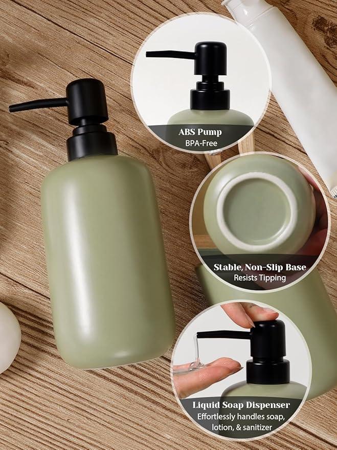 INGOFIN 3 Pcs Ceramic Bathroom Accessory Set - Liquid Soap Dispenser, Toothbrush Holder & Tray, Bathroom Counter Set, Countertop Essentials for Home, Guest Bathroom, or Office Use, Dark Green - ModernBath