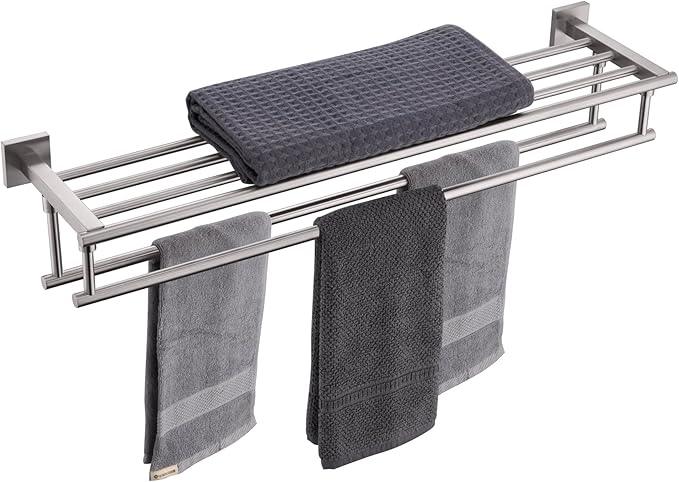 KOKOSIRI Towel Shelf with Double Towel Bars 32 Inches Bathroom Towel Rack Bath Towel Holder Wall Mounted Stainless Steel, Brushed Nickel, B6005BR-L32 - ModernBath