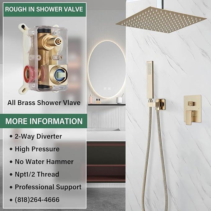 Shower Faucet Set Rain Shower System with 10 Inches Rain Shower Head and Handheld Spray, Bathroom Shower Fixtures Brushed Gold Shower Kit with Brass Valve,Ceiling Mounted - ModernBath