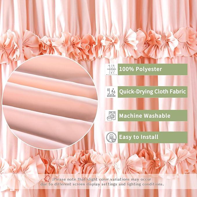 Homechoice Decor Peach Ruffle Shower Curtain, Vintage Handcrafted Bow Tie Bath Curtain for Master Bathroom, Ruched Microfiber Bathroom Curtain with 12 Buttonholes, 72" W x 72" H (LQ-10) - ModernBath