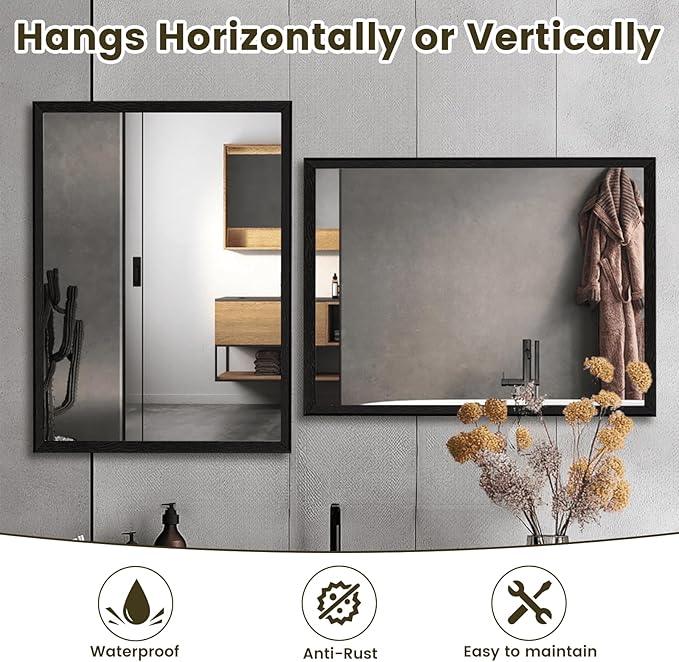 WEER Black Framed Mirror 36X30 Inch, Rectangular Matte Black Bathroom Vanity Mirror, Farmhouse Bathroom Mirror with Tempered Glass, Anti-Rust, Hangs Horizontal or Vertical - ModernBath
