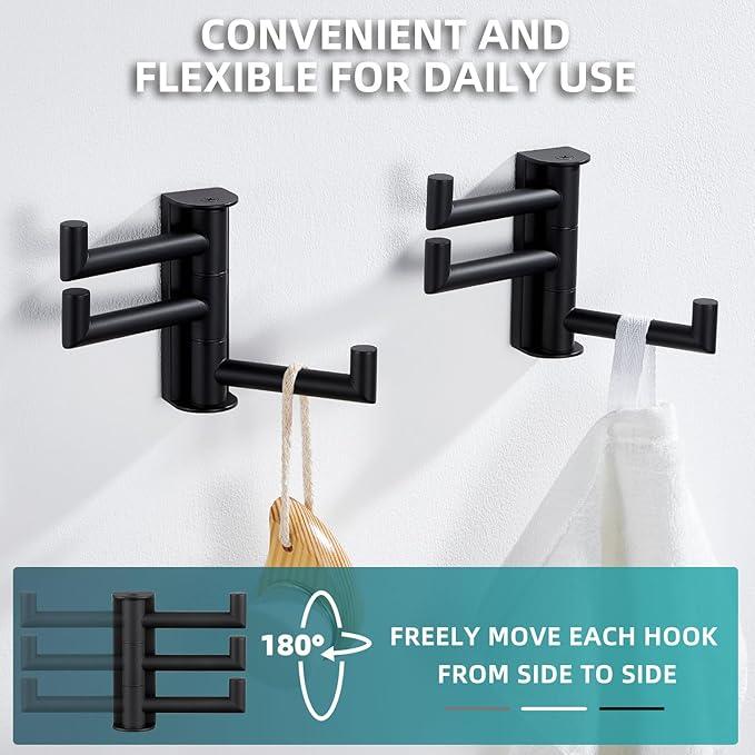 Angle Simple Swivel Towel Hooks for Bathroom, SUS 304 Stainless Steel Foldable 3 Arms Robe Towel Holder, Shower Wall Coat Hooks, Matte Black, 2 Pack - ModernBath