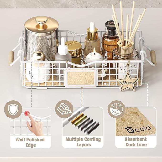Bathroom Organizers and Storage, 3 Pack Storage Baskets for Shelves, Multipurpose Bins Organizer with Wooden Handles, Decorative Organizer Baskets Set for Bathroom, Laundry, Living Room - White - ModernBath