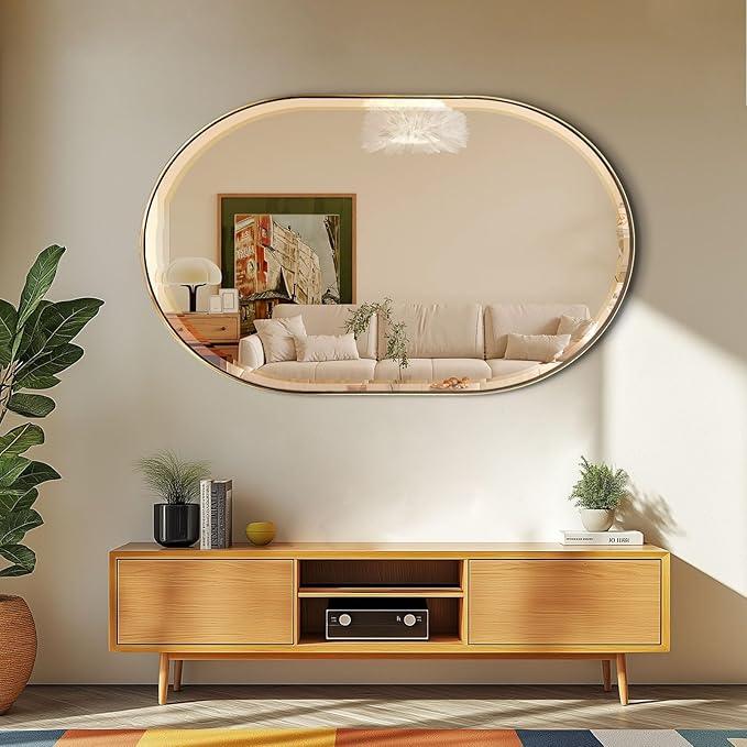 POZINO Gold Oval Mirror, Brass Beveled Mirror with Stainless Steel Frame, 28"x48" Large Rounded Rectangle Mirrors for Over Sink, Modern Oblong Vanity Wall Mirrors for Bathroom Bedroom Living Room - ModernBath