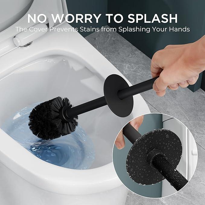 FORIOUS Toilet Brush and Holder Set, Heavy Duty 304 Stainless Steel Base Square and Long Handle for Bathroom Deep Cleaning, Drip-Proof, Space Saving for Storage, 2 Toilet Bowl Brush Head, Black - ModernBath