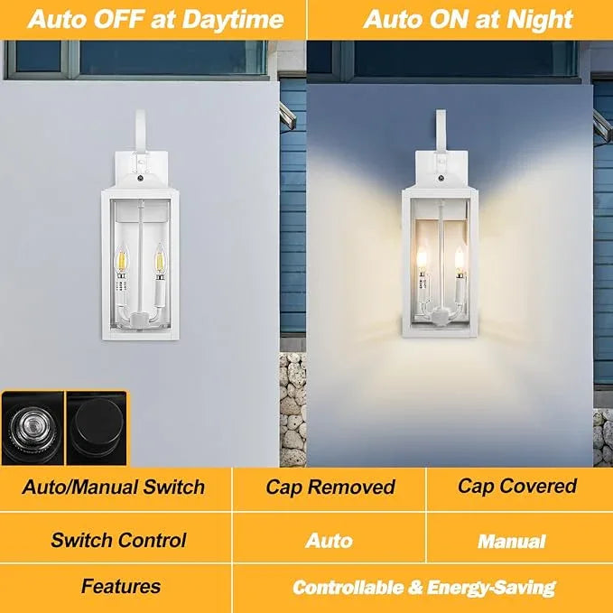 White Dusk to Dawn Outdoor Wall Lantern 2-Light, 19" Large Outside Modern Wall Sconce Light Fixture, Industrial Porch Light Wall Mount with Glass, Waterproof Farmhouse Exterior Lamp Lighting - ModernBath