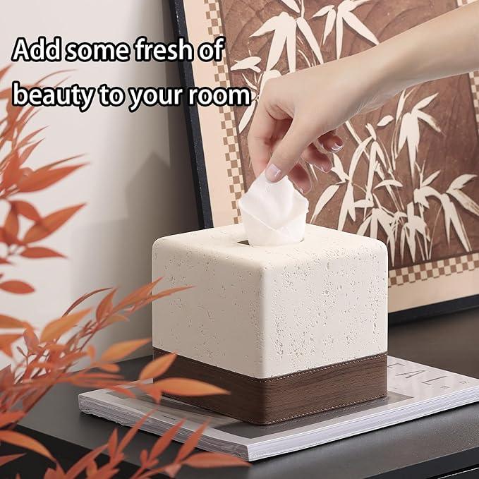 Haocoott Tissue Box Cover Square, Resin Facial Tissue Holder Covers Toilet Paper Holder Decorative Travertine Paper Dispenser Home Decor for Bathroom Bedroom Living Room Office - ModernBath