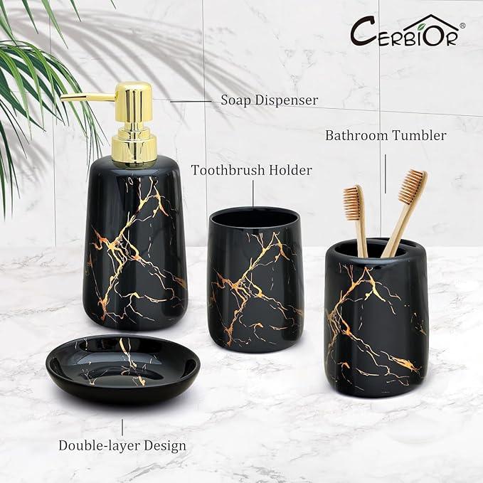 CERBIOR Bathroom Accessories Set,4 Pcs Ceramic Bathroom Decor Accessory,Includes Toothbrush Holder, Toothbrush Cup, Soap Dish for Decorative Countertop and Housewarming Gift(Black 4pcs) - ModernBath