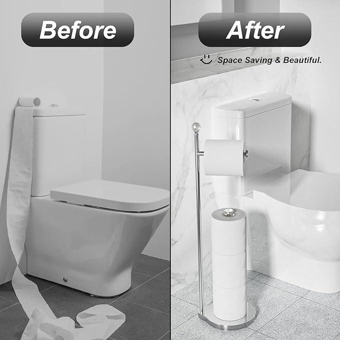 Toilet Paper Holder for Bathroom, Heavy Weighted Metal Free Standing Toilet Paper Storage with Crystal Ball, Toilet Paper Stand for Bathroom Accessories, Polished Chrome [Holds MEGA Rolls] - ModernBath