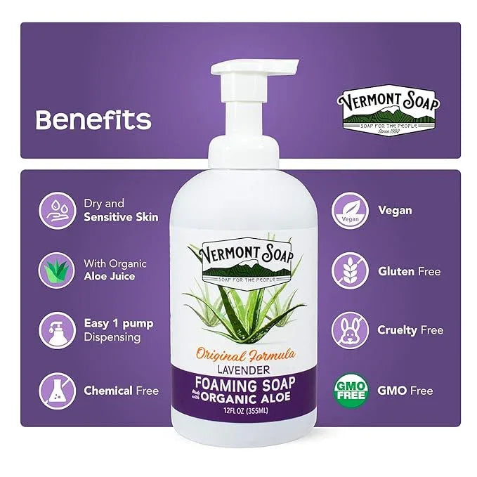 VERMONT SOAP Organic Lavender Foaming Hand Soap - Natural Moisturizing Soap for Dry Skin - Fragrance Free Liquid Bathroom Hand Soap Dispenser - Lavender - 12 oz - ModernBath
