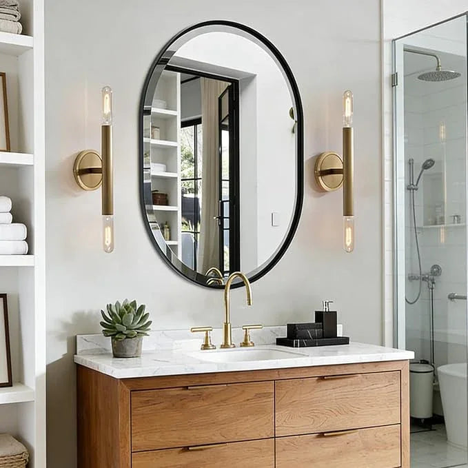 POZINO Oval Beveled Mirror, 24"x36" Bathroom Mirror for Over Sink, Rounded Rectangle Mirrors, Modern Oblong Vanity Wall Mirrors in Premium Stainless Steel Frame Hangs Horizontal Or Vertical - ModernBath