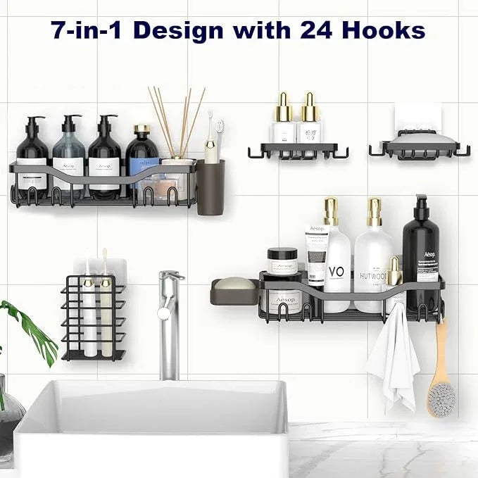 Shower Caddy Adhesive Shower Organizer 7-Pack, Rustproof Stainless Steel Bathroom Shelves, Large Capacity No-Drill Rack Storage Accessories with Soap Dish Toothbrush Holder &24 Hooks Home Decor - ModernBath