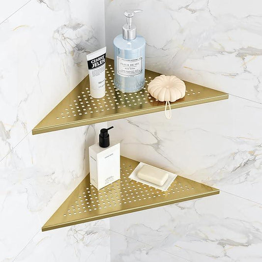 2 Pack Bathroom Corner Shelf, Recessed 12" Corner Shower Shelf, SUS304 Stainless Steel Triangular Wall Mount, No Drilling, Brushed Golden - ModernBath