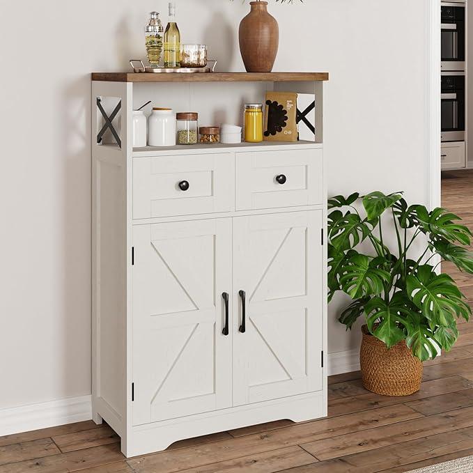 Farmhouse Storage Cabinet with Barn Doors and Shelves, Farmhouse Kitchen Pantry, Small Tall Coffee Bar Cabinet with Storage, Hutch Cupboard for Bathroom, Laundry, Living Room,White - ModernBath