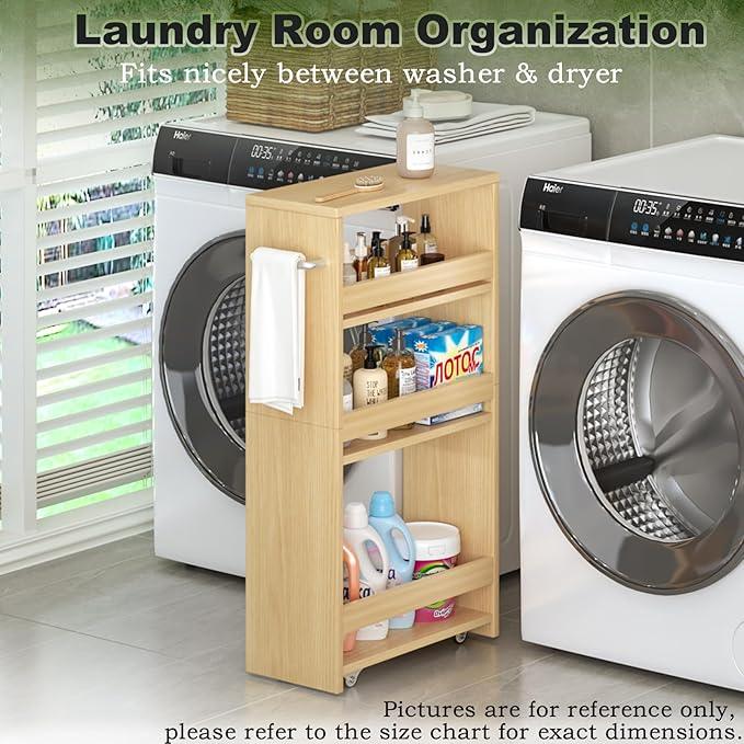 MARTY Rolling Storage Cart 7.9" W, 4-Tier Kitchen Cart with Wheels Handle, Slim Storage Cart Mobile Shelving Utility Carts for Bathroom Laundry Room Organization Narrow Places (Maple) - ModernBath