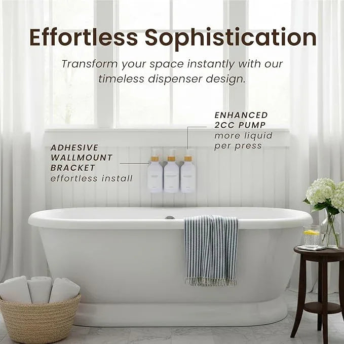 MaisoNovo Shampoo and Conditioner Dispenser - Shower Soap Dispenser Wall Mounted - 16.9 fl oz Set of 3 White Plastic Bottles Bamboo Pump - 3 Chamber No Drill - ModernBath
