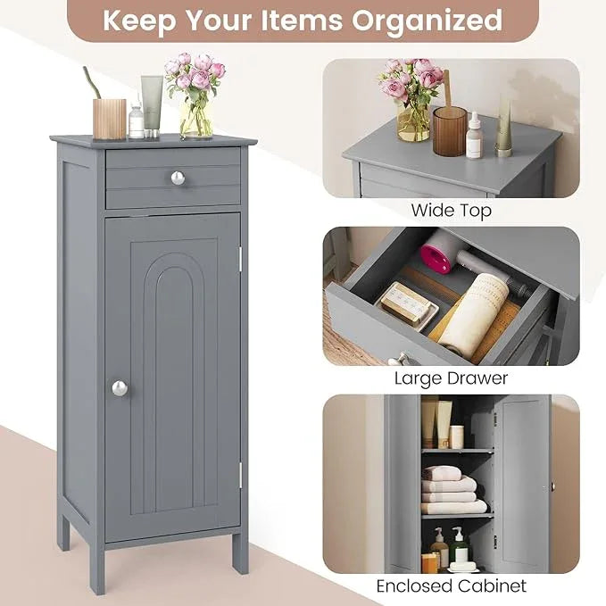 GLACER Floor Storage Cabinet, Multifunctional Bathroom Storage Cabinet with 2 Adjustable Shelves, Ideal for Bathroom, Living Room, 14 x 12 x 34.5 inches (Grey) - ModernBath