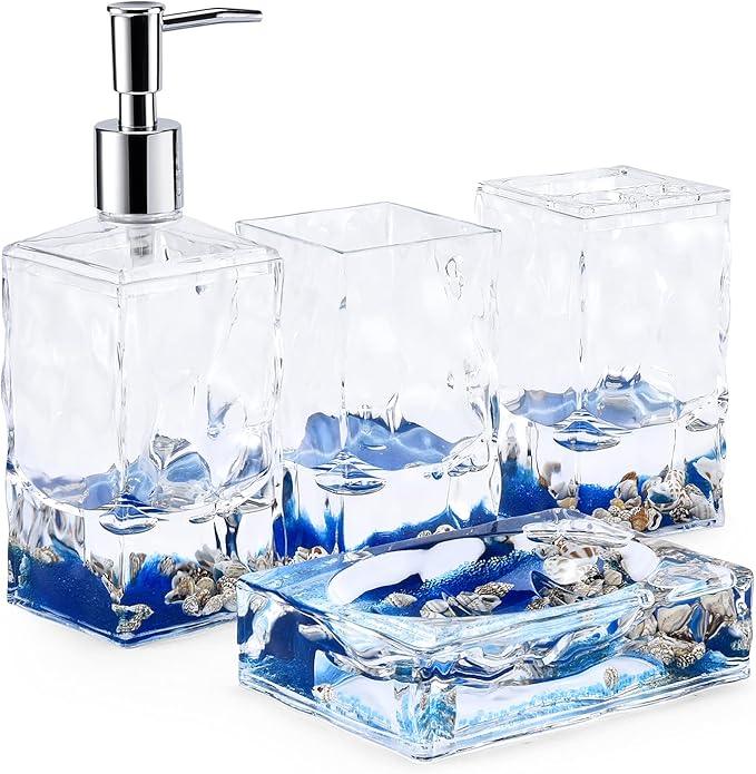 Locco Decor 4 Piece Acrylic Liquid 3D Floating Motion Bathroom Vanity Accessory Set Oceam Theme Shell Toothbrush Holder, Tumbler, Soap Dispenser, Soap Dish - ModernBath