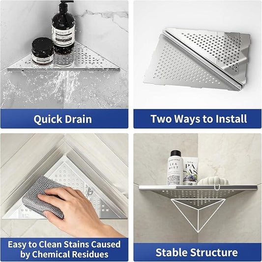 Corner Shower Shelf, 10" Polished 304 Stainless Steel Recessed Shelves for Bathroom, Grout in Shelf Racks for Tiled Wall, 2 Pack - ModernBath