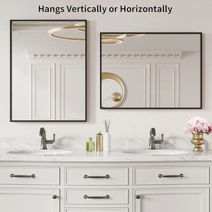 LOAAO 24"X32" Black Rectangle Bathroom Mirror Wall, Matte Black Aluminum Alloy Frame, Tempered Glass, Hangs Vertically or Horizontally, Easy to Install - ModernBath
