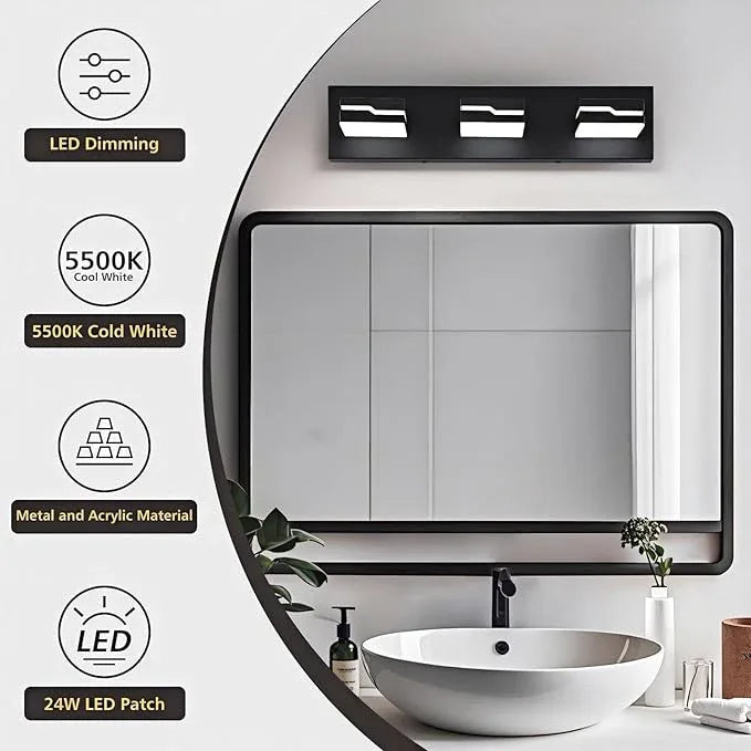 Merexcint LED Modern Bathroom Vanity Light Fixtures 3-Light, 19 inch Dimmable Matte Black Vanity Lights for Bathroom Lighting Fixtures Over Mirror, with 350°Rotatable Acrylic Heads(White Light 5500K) - ModernBath
