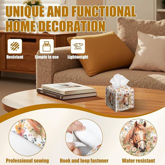 Horse Floral Tissue Box Cover 2PCS, Leather Tissue Box Holder Square Facial Paper Case Tissue Box Cube Organizer for Bathroom Bedroom Desk Office - ModernBath