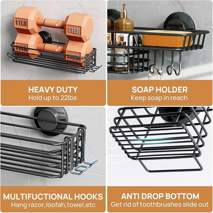 LEVERLOC Shower Caddy Suction Cup, 3 Pack Heavy Duty Bathroom Organizer for Inside Shower with Hooks & Soap holder, Removable Bathroom Holder, Rustproof Black Storage - ModernBath