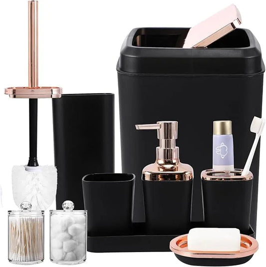XLHOMO Black Bathroom Accessories, 9-Piece Black Bathroom Set with Trash Can, Vanity Tray, Soap Dispenser, Soap Dish, Toothbrush Holder, Toothbrush Cup, Toilet Brush and Qtip Holders - ModernBath