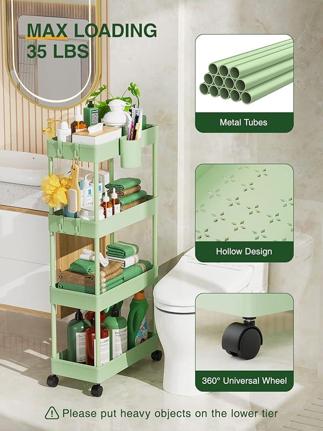 LEHOM Slim Rolling Storage Cart - 4 Tiers Bathroom Organizer Utility Cart Slide Out Storage Shelves Mobile Shelving Unit for Kitchen, Bedroom, Office, Laundry Room, Small Narrow Spaces（7.1" W+Green） - ModernBath