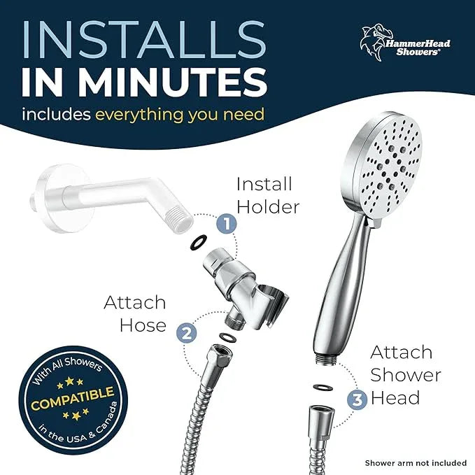 HammerHead Showers® Solid Metal 3-Spray Handheld Shower Head with Long Hose and Holder - CHROME - WIDE, MASSAGE, and MIST Sprays - 1.8 GPM Low Flow Handheld Showerhead - Water Saving Shower Head - ModernBath