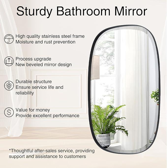 POZINO Oval Beveled Mirror Over Sink, 20"x30" Black Rectangle Mirror for Bathroom, Modern Oblong Vanity Wall Mirrors in Premium Stainless Steel Frame, Wall Mount Hangs Horizontal Or Vertical - ModernBath