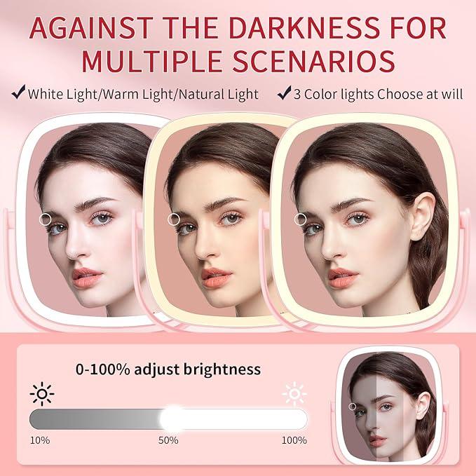 Lighted Makeup Mirror, 2600mAh Rechargeable 1x/10x Magnifying Vanity Mirror, 8.5" Height Adjustable Makeup Mirror with Lights 3 Color, 360° Rotation 2-Sided Light up Large Desk Mirror - Pink - ModernBath