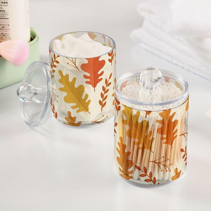 Tatenale Qtip Holder Bathroom Set Q tip Cotton Ball Swab Pad Dispenser Container Organizer Plastic Jars with Lids Storage 2Pack Yellow Thanksgiving Autumn Leaves - ModernBath