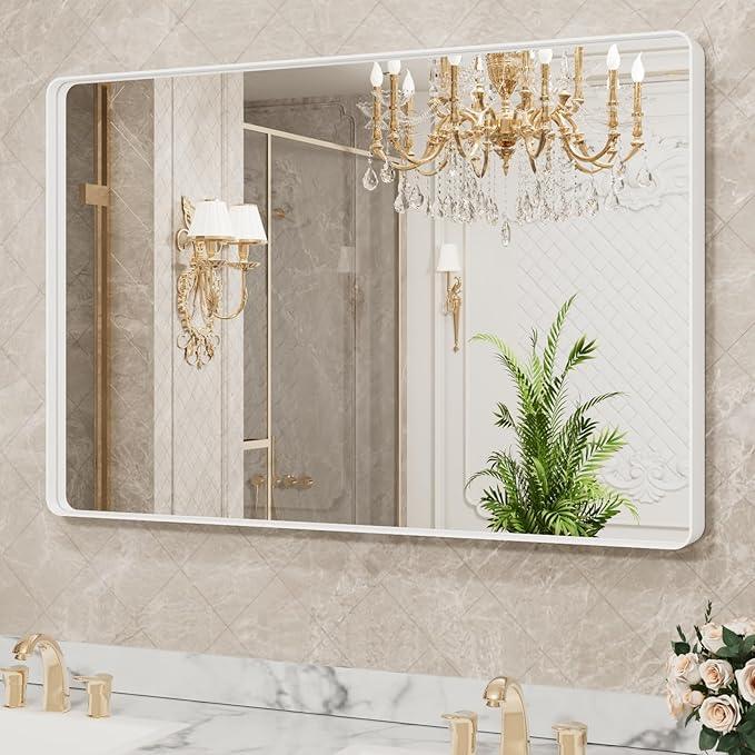 LOAAO 40x32 Inch White Metal Framed Bathroom Mirror for Wall, White Bathroom Vanity Mirror Farmhouse, Large Rounded Rectangle Mirror, Anti-Rust, Tempered Glass, Hangs Horizontally or Vertically - ModernBath