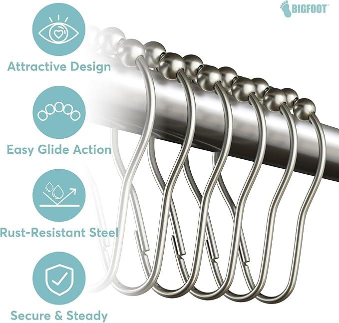 BigFoot Shower Curtain Hooks, Durable Stainless Steel, Rust Resistant, Easy Installation & Smooth Glide, Fits Standard Shower Rods, Metal Curtain Rings, 12 Pieces, Nickel Color - ModernBath