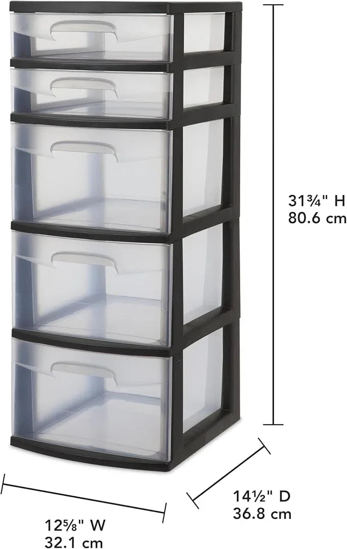 5-Tier Storage Drawer,with Both Shallow and Deep Clear Plastic Storage Organizer Drawer Tower，Suitable for Bedroom,Bathroom and Office Organization Black - ModernBath