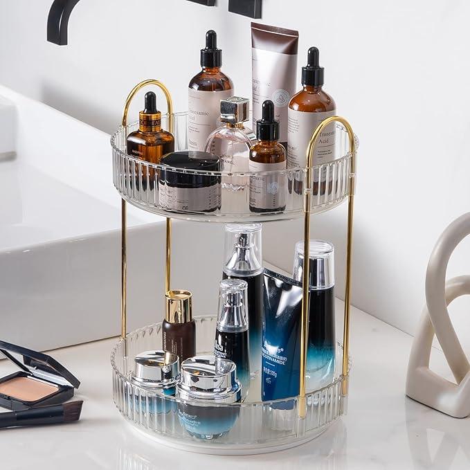INVSSENE 360° Rotating Makeup Organizer, Bathroom Make Up Spinning Holder Rack, Large Capacity Cosmetics Storage Vanity Shelf Countertop, Fits Cosmetics, Perfume, Skincare(2 Tiers, Clear) - ModernBath