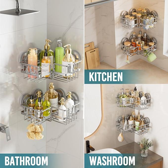 TAILI Corner-adaptive Suction Cup Shower Caddy 2 Pack, Stainless Steel Rustproof Corner Shower Shelves, Drill-Free Wall Mounted Baskets, Large Capacity, Removable Suction Cup Bathroom Organizer, Gray - ModernBath