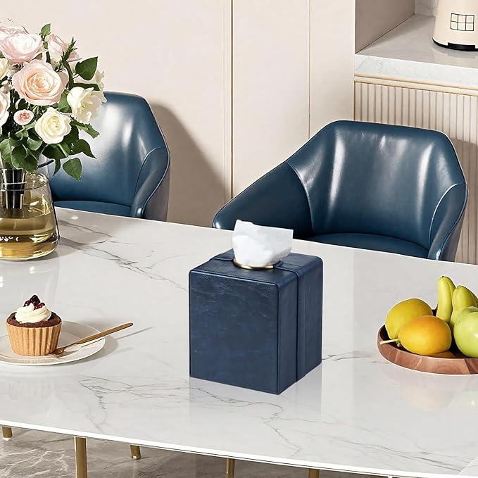 Cretkhp Luxury Square Tissue Box Cover, PU Leather Tissue Box Holder with Magnetic Closure and Gold Decorative Grommets for Bathroom Bedroom, Decorative Elegant Cube Tissue Holder (Blue) - ModernBath
